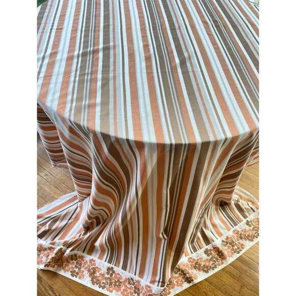 Vintage 70s flat/top sheet, 2 tones brown stripes and flowers, full size bed - Picture 2 of 10